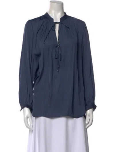 Pre-owned Halston Heritage Tie Neck Long Sleeve Blouse In Blue