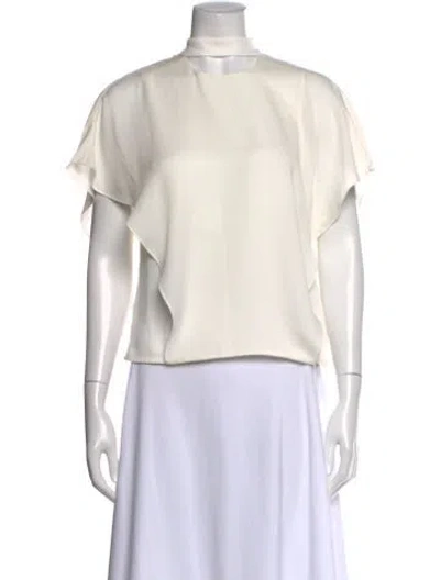Pre-owned Halston Heritage Tie Neck Short Sleeve Top In White