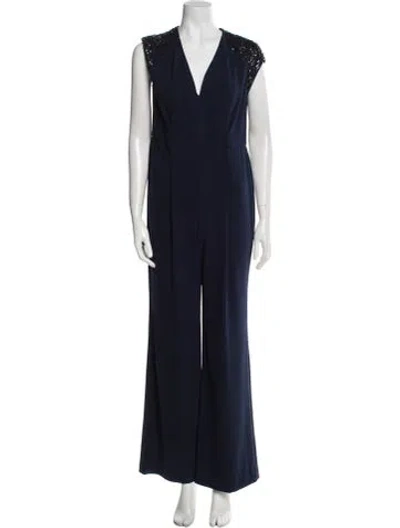 Pre-owned Halston Heritage V-neck Jumpsuit In Blue