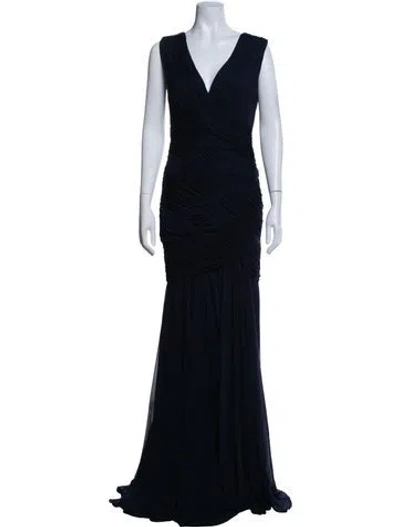 Pre-owned Halston Heritage V-neck Long Dress In Blue