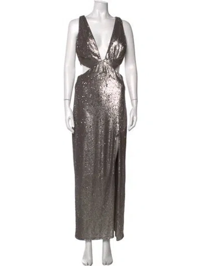 Pre-owned Halston Heritage V-neck Long Dress In Metallic/silver