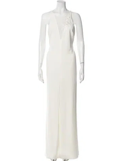 Pre-owned Halston Heritage V-neck Long Dress In White