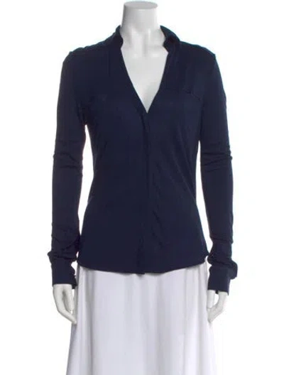 Pre-owned Halston Heritage V-neck Long Sleeve Blouse In Blue