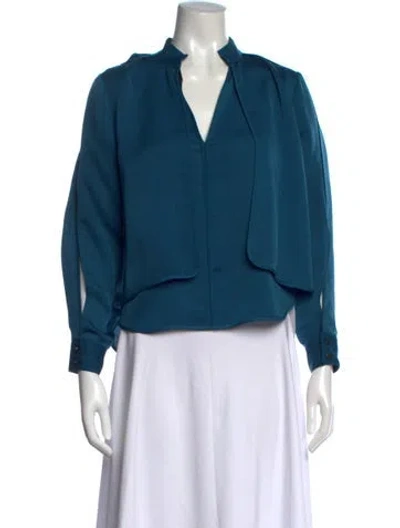 Pre-owned Halston Heritage V-neck Long Sleeve Blouse In Blue