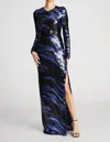HALSTON HERITAGE WHITNEY SEQUIN GOWN IN TWILIGHT COLOR BLOCK