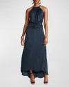 HALSTON HIGH-LOW SLUB MICRO SATIN HALTER GOWN