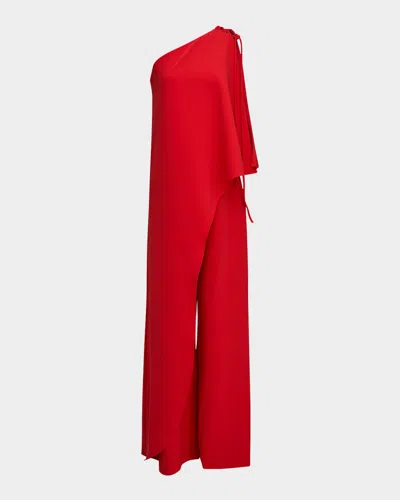 Halston Ignacia Draped One-shoulder Crepe Jumpsuit In Flame