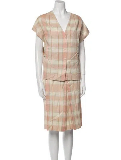 Pre-owned Halston Iii Plaid Print Skirt Suit In Neutral