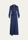 Halston Ivon Long Sleeve Satin Charmeuse Gown In Navy
