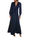 Halston Ivon Long Sleeve Satin Charmeuse Gown In Navy