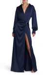 Halston Ivon Long Sleeve Satin Charmeuse Gown In Blue