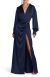 HALSTON IVON LONG SLEEVE SATIN CHARMEUSE GOWN