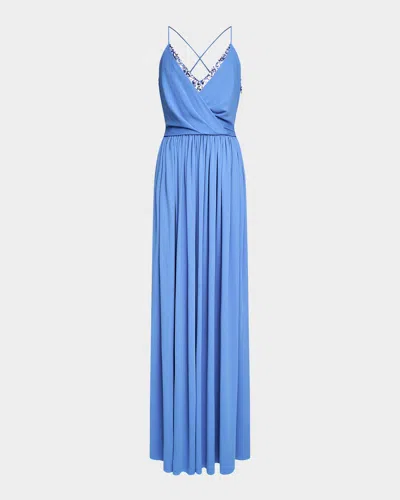 Halston Jeanne Sequin Layered Matte Jersey Gown In Blue