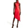 HALSTON HALSTON JOELLEN FLORAL DETAIL ASYMMETRIC CRUSHED SATIN HALTER DRESS