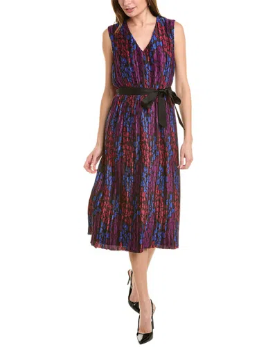 Halston Kieran Floral Sleeveless Pleated Tie-belt Midi Dress In Blue