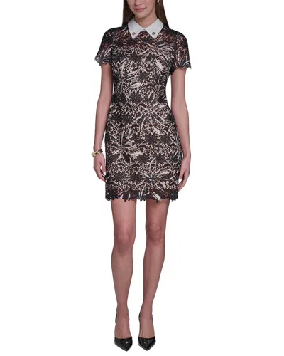 Halston Lace Collared Mini Dress In Bl/wht