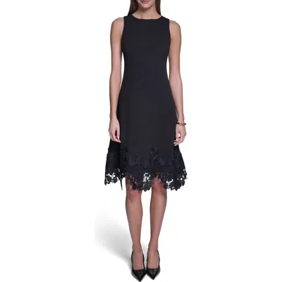 Halston Lace Trim A-line Dress In Black