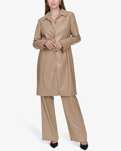 Halston Leather Trench Coat In Brown