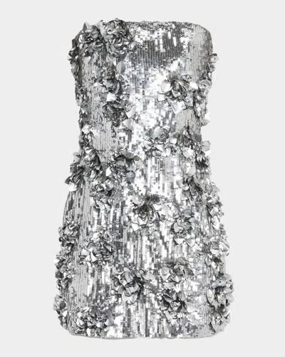 Halston Leela Strapless Floral Applique Sequin Mini Dress In Gray