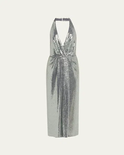Halston Leonie Deep V-neck Disco Jersey Midi Dress In Metallic