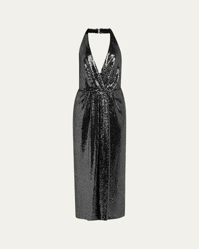 Halston Leonie Deep V-neck Disco Jersey Midi Dress In Black