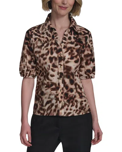 Halston Leopard Printed Short Sleeve Top In Brown