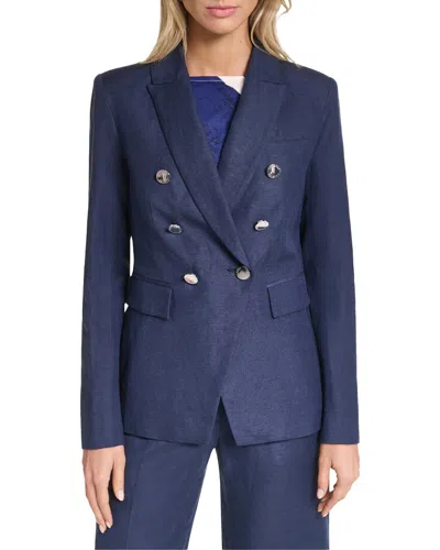 Halston Linen Double Breasted Linen-blend Blazer In Nvy