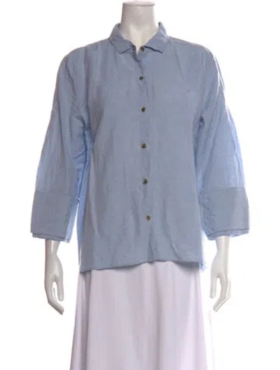 Pre-owned Halston Linen Three-quarter Sleeve Button-up Top In Blue