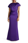 Halston Draped Satin Trumpet Gown In Purple Night