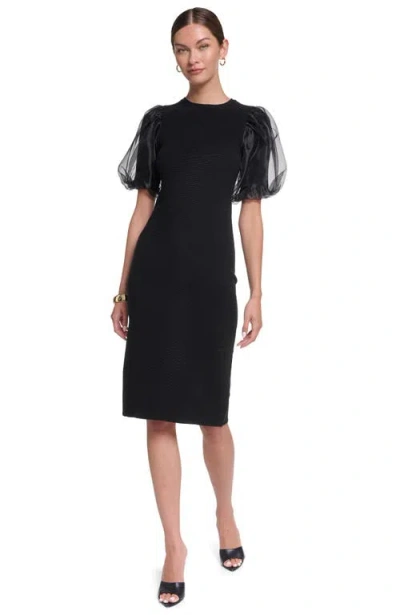 Halston Long Sleeve Knit Puff Sleeve Midi Dress In Black
