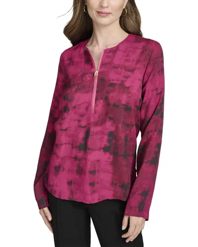 Halston Long Sleeve Quarter Zip Printed Blouse In Pink