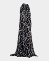 Halston Lyle Brushstroke-print Chiffon Halter Gown In Black
