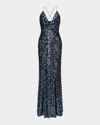 Halston Manon Deep V-neck Sequin Gown In Blue