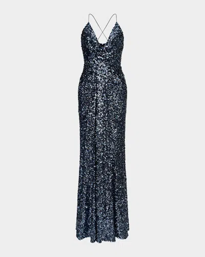Halston Manon Deep V-neck Sequin Gown In Blue
