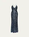Halston Manon Deep V-neck Sequin Gown In Indigo Confetti