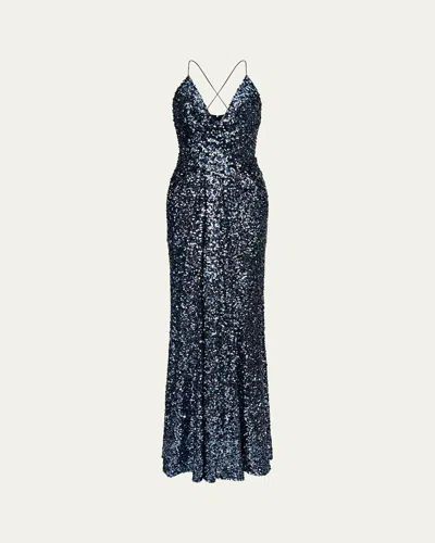 Halston Manon Deep V-neck Sequin Gown In Indigo Confetti