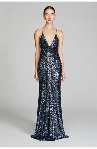 Halston Manon Sequins Gown In Indigo Confetti