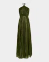 Halston Marisol Pleated A-line Halter Gown In Dark Olive
