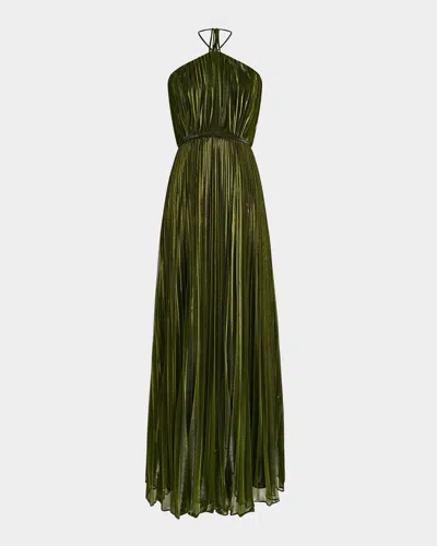 Halston Marisol Pleated A-line Halter Gown In Dark Olive