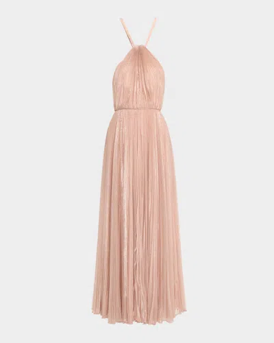 Halston Marisol Pleated Shimmer Halter Gown In Neutral