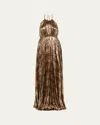Halston Maxine Pleated Metallic Jersey Halter Gown In Brown