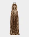 Halston Maxine Pleated Metallic Jersey Halter Gown In Brown