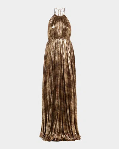 HALSTON MAXINE PLEATED METALLIC JERSEY HALTER GOWN