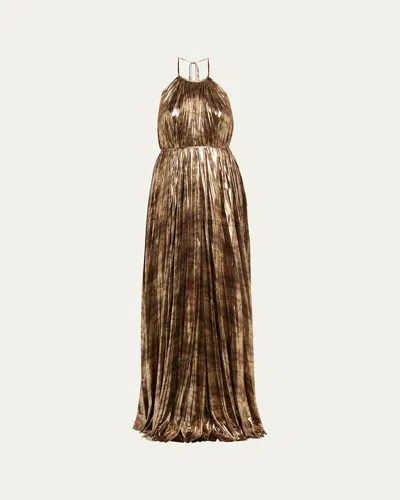 Halston Maxine Pleated Metallic Jersey Halter Gown In Brown