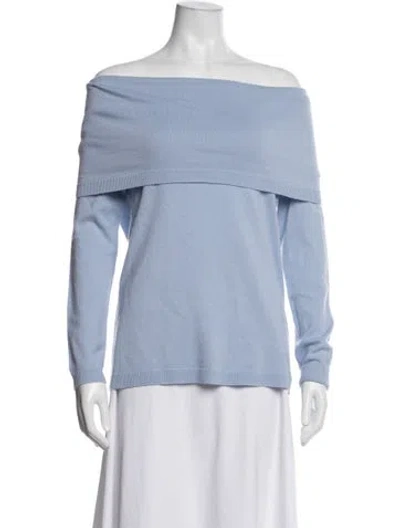 Pre-owned Halston Merino Wool Off-the-shoulder Sweater In Blue