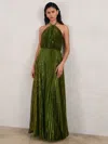 Halston Marisol Pleated A-line Halter Gown In Green