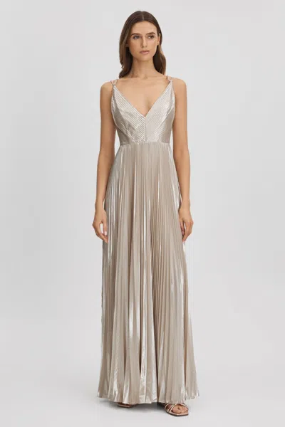 Halston Metallic Pleated Maxi Dress In Nude