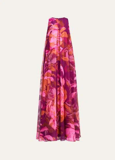 Halston Moira Floral-print Chiffon Trapeze Gown In Chrysanthemum