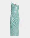 HALSTON MONA ONE-SHOULDER GLOSSY JERSEY MIDI DRESS