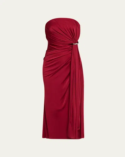 Halston Nadia Strapless Draped Jersey Midi Dress In Ruby